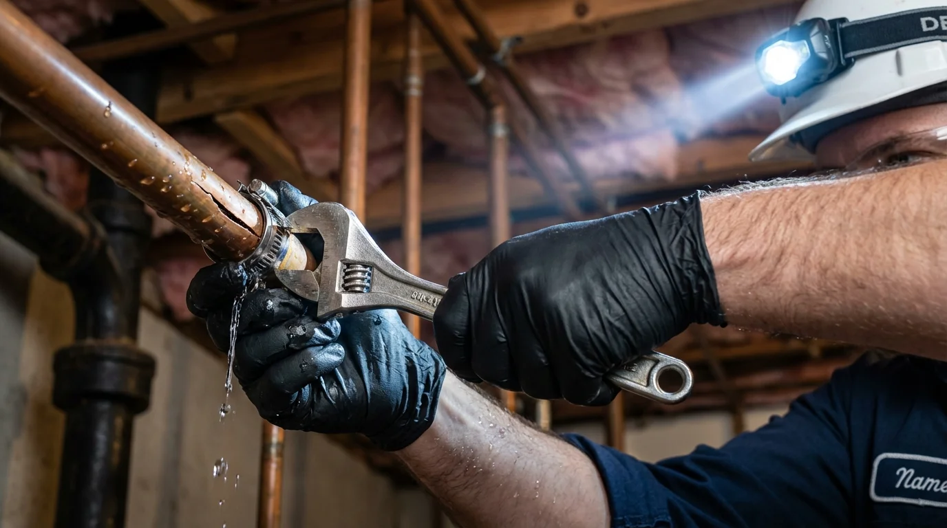 Emergency pipe clamp repair being performed by a Johns Plumbing LLC plumber in Donalsonville