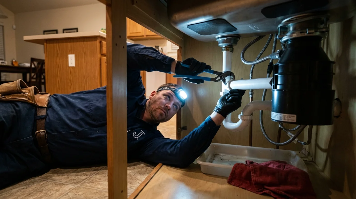 P-trap and supply line connections under a kitchen sink showing a common leak point in Donalsonville, GA